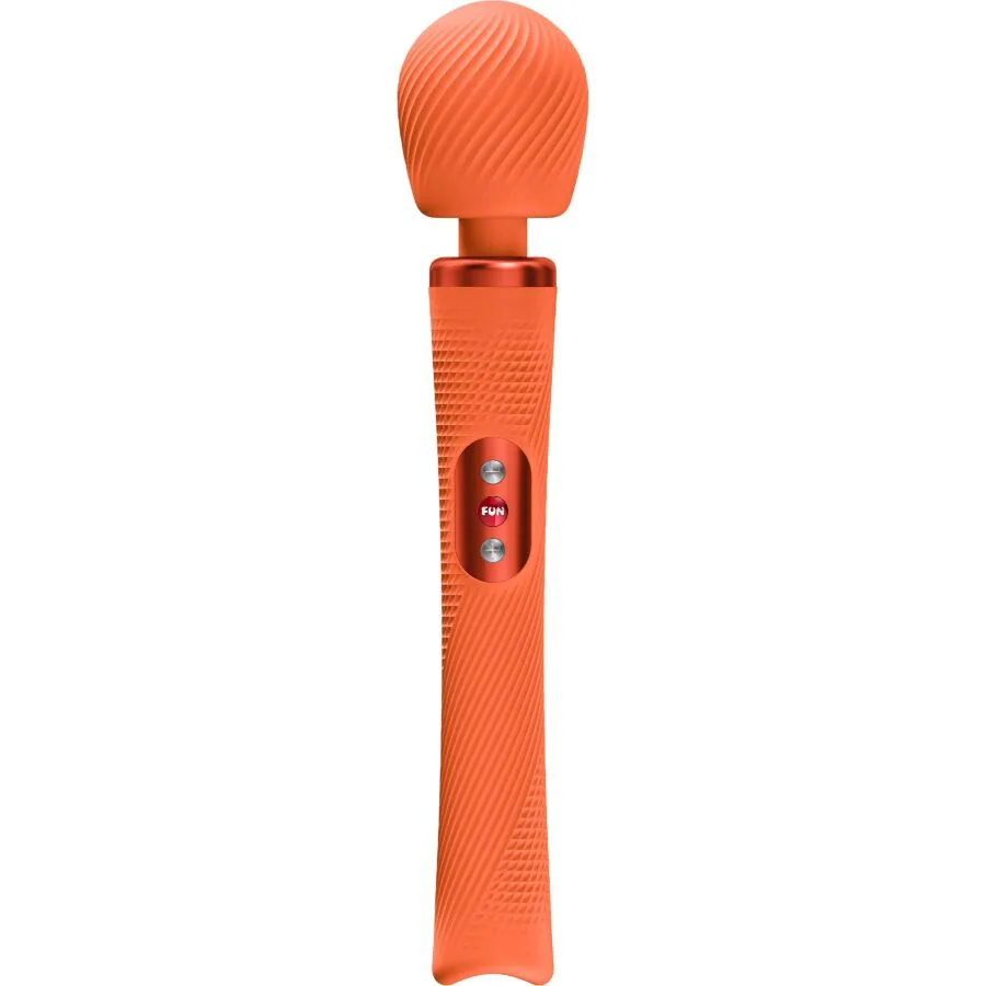 Vibromasseur Vim Wand orange, grosse tête sphérique texturée en spirale, manche épais gravé de motifs et bouton rouge de la marque