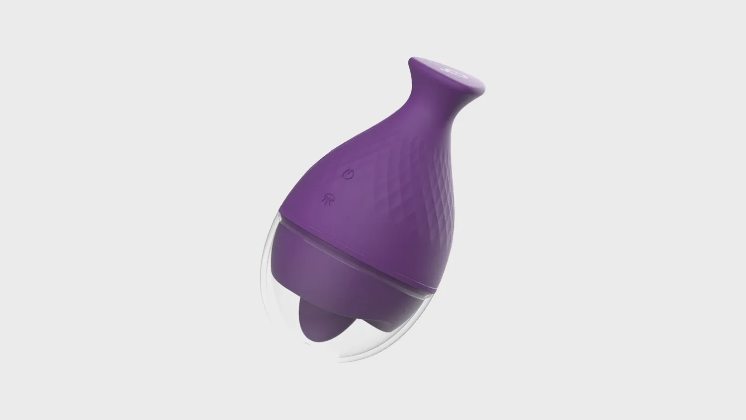 Vibromasseur à langue Rewolingo en silicone violet, avec sa tête souple et son socle transparent