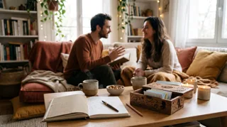 Jeux sexuels et cartes coquines : coffret de cartes ouvert sur une table basse, couple en train de jouer