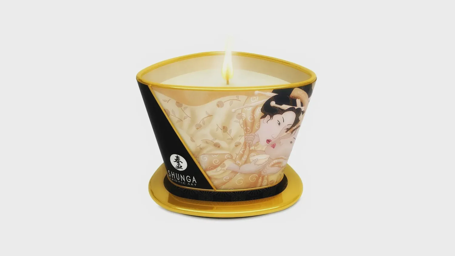 Bougie de massage Shunga à la vanille allumée, pot doré illustré