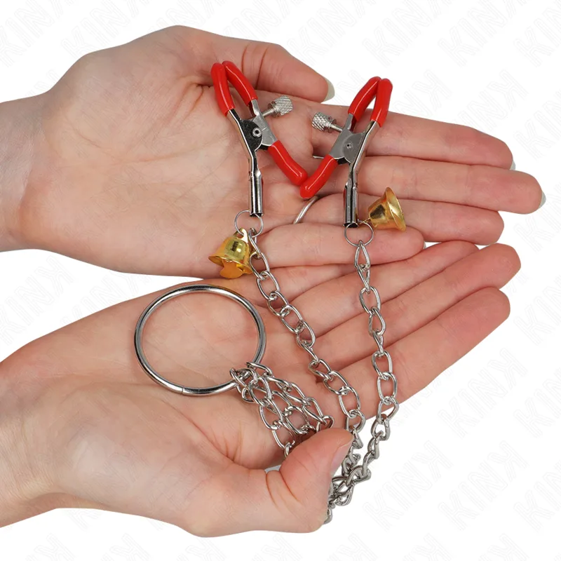 Pinces à Tétons et Clito Bell Triple Rouge avec Chaine Kink