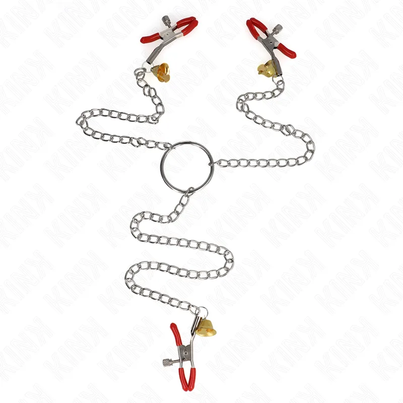 Pinces à Tétons et Clito Bell Triple Rouge avec Chaine Kink