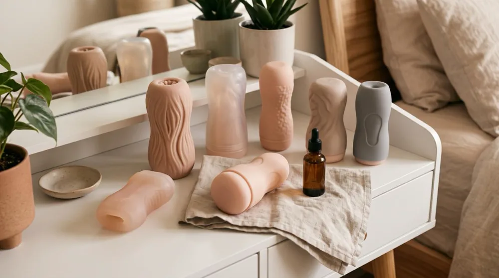 Vaginettes : masturbateurs masculins de textures et de matières différentes alignés sur une commode