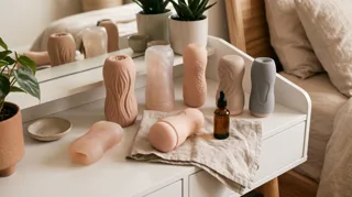 Vaginettes : masturbateurs masculins de textures et de matières différentes alignés sur une commode
