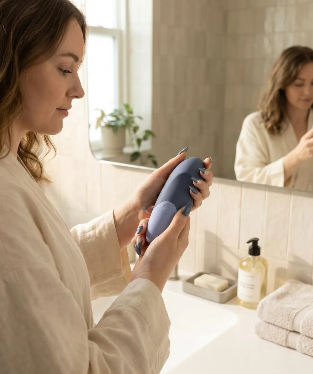 Femme en peignoir tenant un stimulateur lilas dans une salle de bain claire