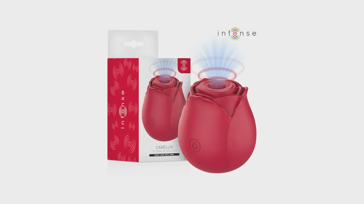 Stimulateur clitoridien Camellia Intense, rose rouge en silicone, devant sa boîte