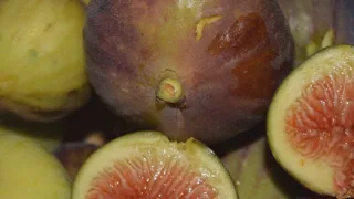 Figues fraîches entières et coupées en deux, chair rose visible