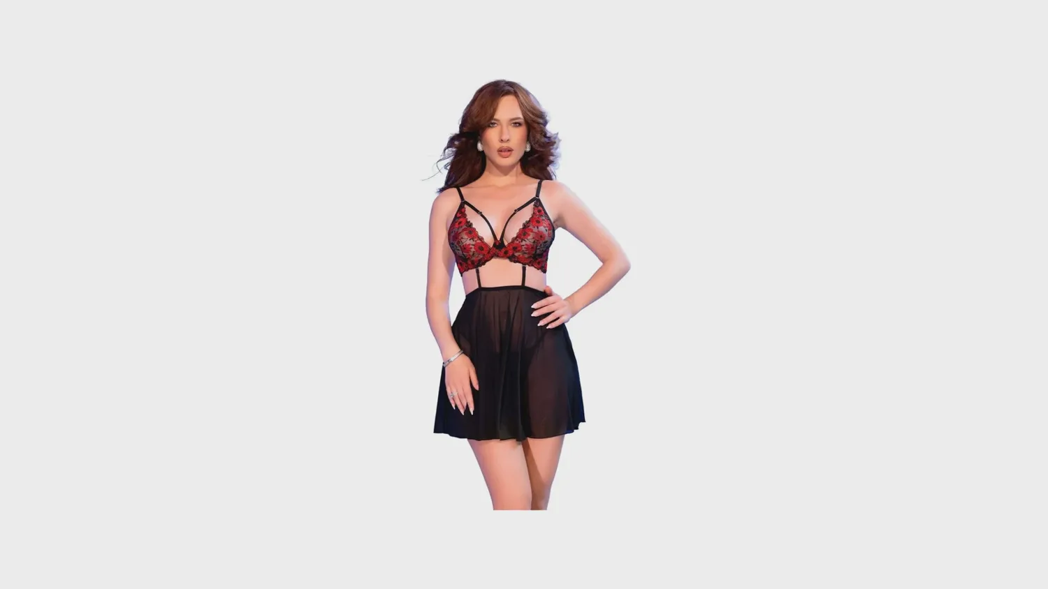 Babydoll 2 en 1 Chilirose noir et rouge, soutien-gorge brodé amovible et jupe en tulle transparent