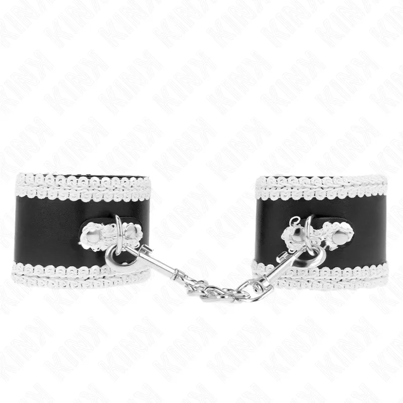 Menottes Noir avec Dentelle Décorée Blanche Kink