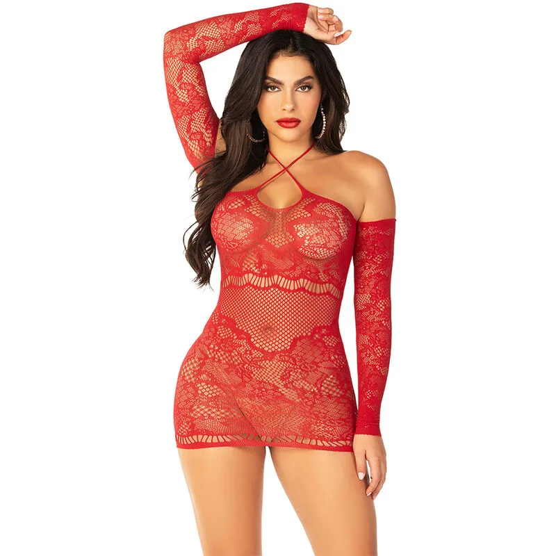 Robe Mini en Maille à Épaules Dénudées et à Manches Leg Avenue rouge nuisette