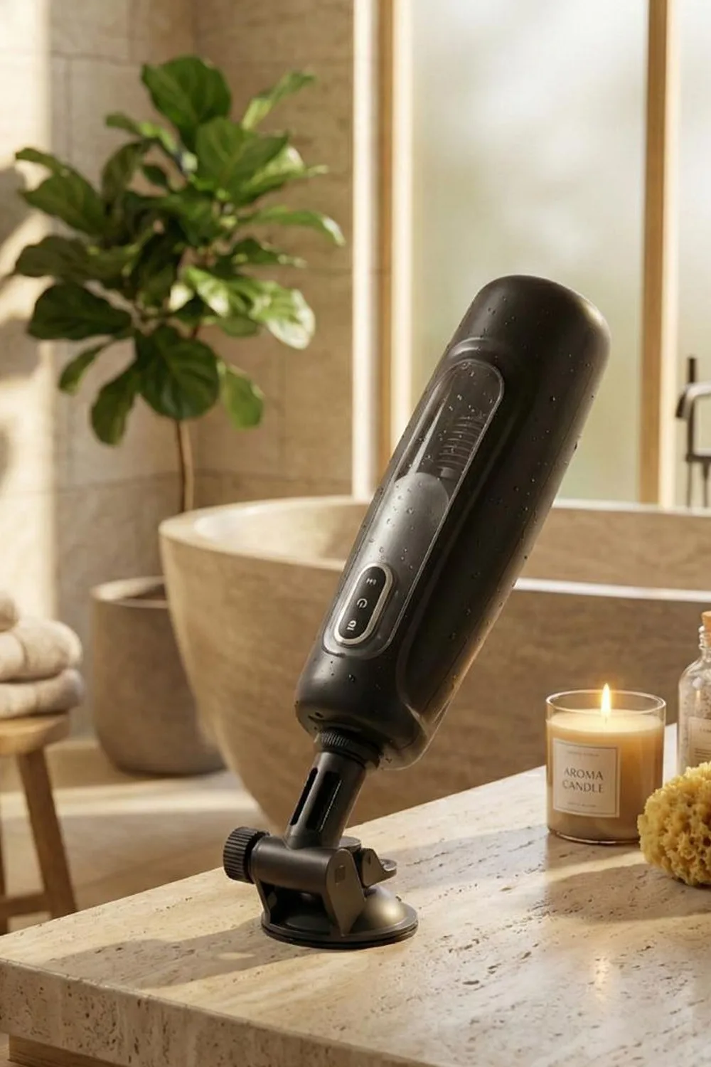 Masturbateur automatique noir sur sa ventouse, salle de bain lumineuse