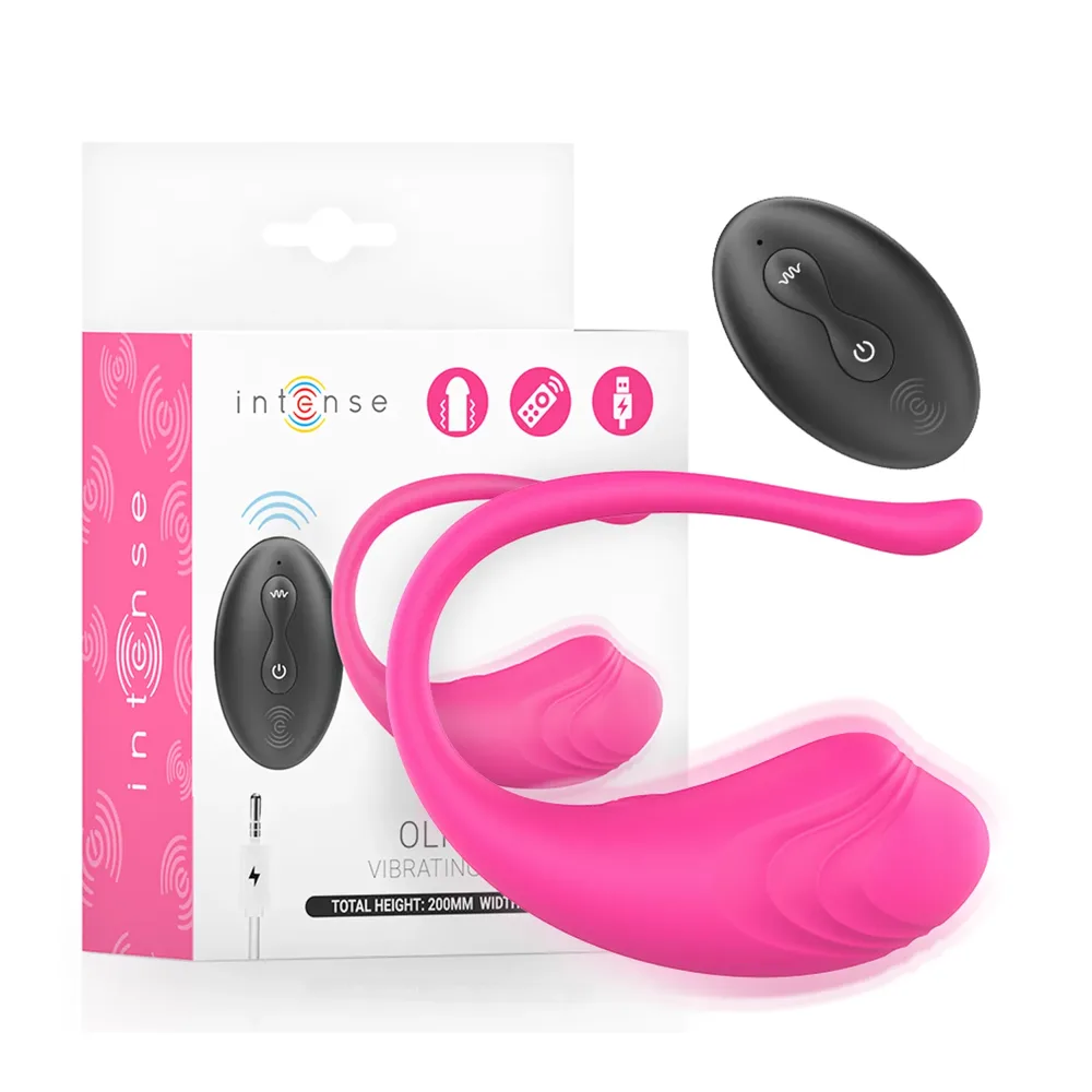 Œuf Vibrant Olivia Intense rose, son coffret et sa télécommande sans fil, sur fond blanc