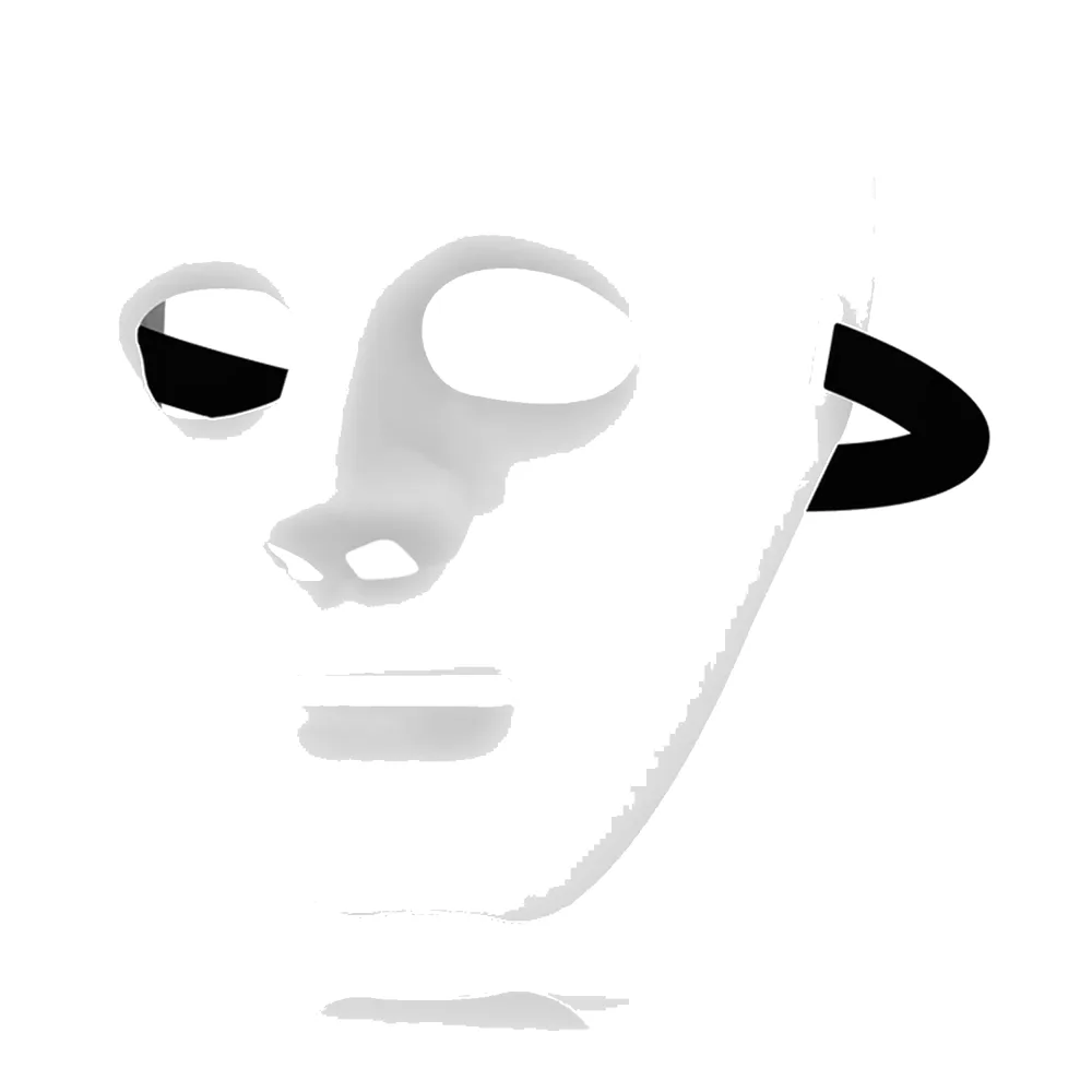 Masque blanc intégral lisse avec larges découpes ovales pour les yeux, petites fentes pour la bouche et détails noirs sur les côtés, sur fond blanc