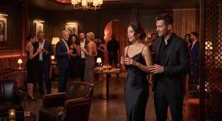 Couple élégant dans un club libertin feutré, premiers échanges de regards