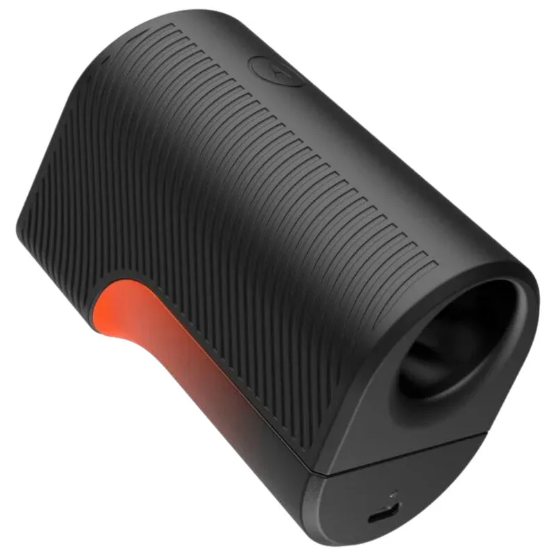 Masturbateur électrique à air pulsé Arcwave Air noir et orange, vu de trois quarts avec son ouverture