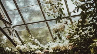 Verrière de serre couverte de gouttes de pluie, sous laquelle grimpent des fleurs blanches