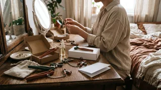 Accessoires érotiques : pinces, chaînes et plumeaux déballés sur une coiffeuse pour un premier choix