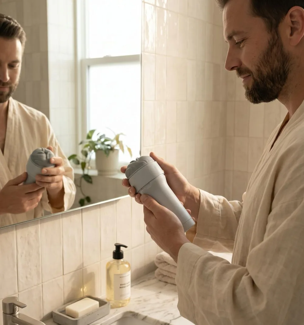 Homme en peignoir tenant un masturbateur gris dans une salle de bain claire