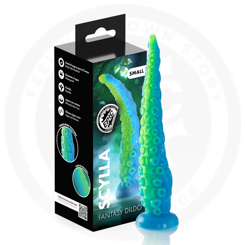 Gode tentacule Epic Scylla Small en silicone bleu et vert, à ventouses en relief, posé debout devant sa boîte