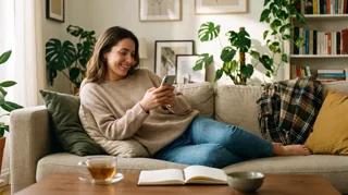 Sexting : femme souriante qui échange des messages sur son téléphone, installée dans son canapé
