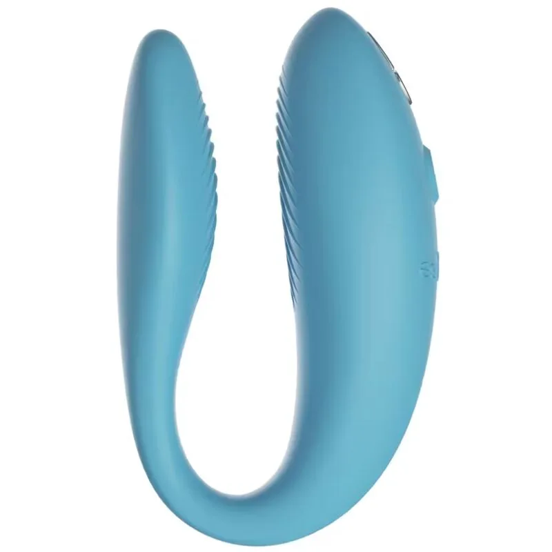 Vibromasseur pour couple We-Vibe Sync Go turquoise en forme de C, à porter pendant la position du missionnaire