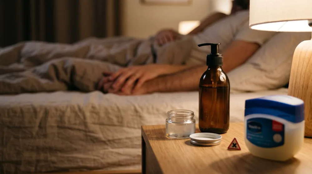 Vaseline comme lubrifiant : pot de vaseline signalé par un pictogramme d interdiction, à côté d un gel intime adapté