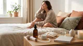 Sexe anal : poire de lavement et gel lubrifiant préparés sur la table de chevet avant le rapport