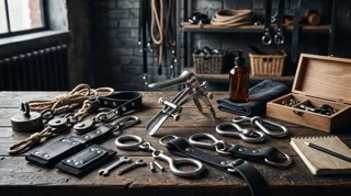 Crochet anal et écarteur : accessoires BDSM en acier, cordes et sangles disposés sur un établi