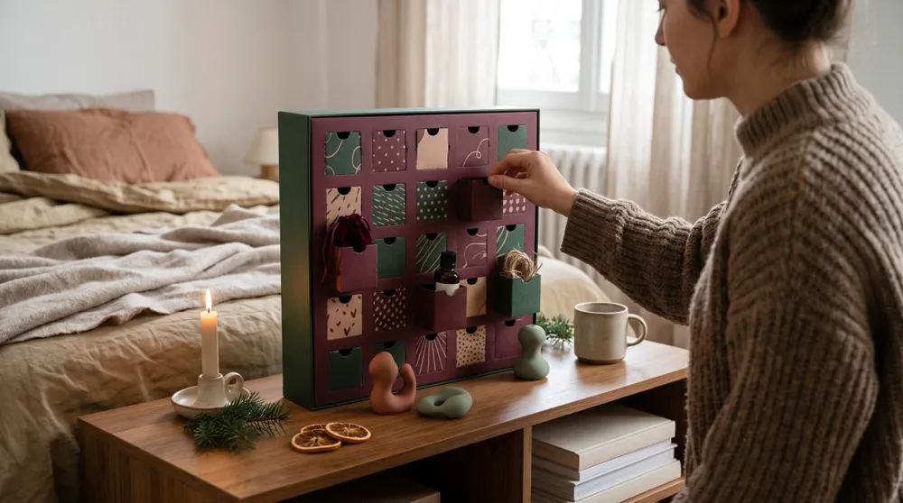 Calendrier de l Avent érotique : femme qui ouvre une case du calendrier, accessoires et bougie sur la commode
