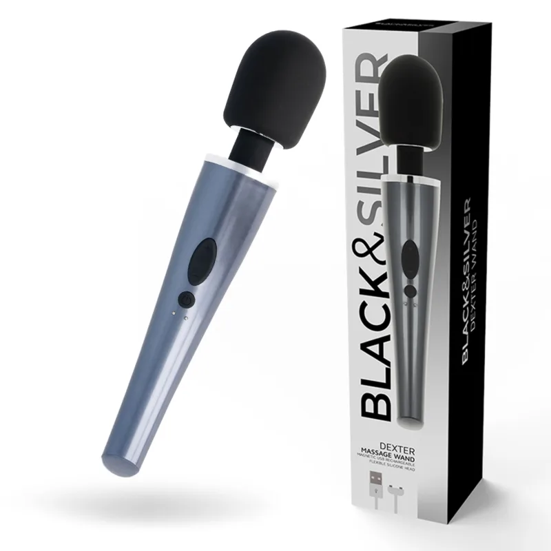 Baguette de massage Dexter, grosse tête noire en silicone sur manche métallisé gris bleuté, sur fond blanc