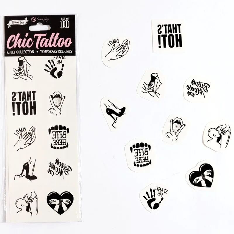 Ensemble de 10 Tatouages Temporaires Kinky Collection Secret Play jeu coquin