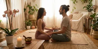 Personne en posture de yoga apaisée, ambiance bien-être