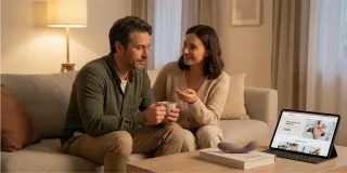 Un couple complice qui discute sur un canapé, ambiance douce