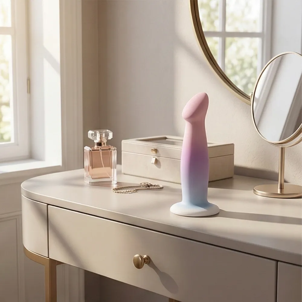 Gode en silicone souple posé sur un fond clair et épuré