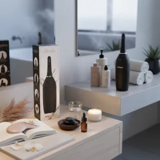 Flacon d'huile de massage comestible et pétales sur un drap clair