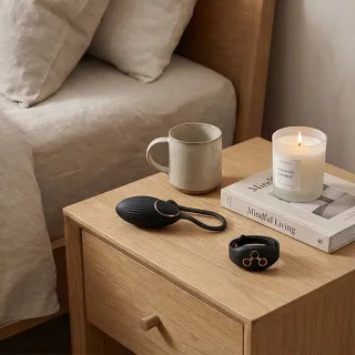 Mini vibromasseur compact posé à côté d'une trousse de voyage sur fond clair