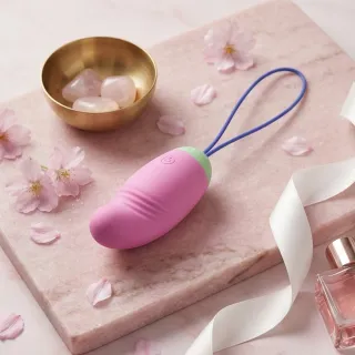 Œuf vibrant connecté posé à côté de sa télécommande sur un fond clair
