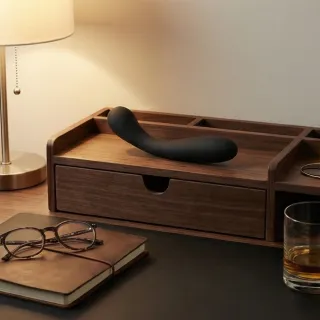 Stimulateur de prostate en silicone noir posé sur un fond clair