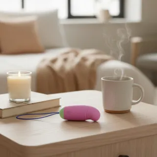 Vibromasseur connecté à distance piloté depuis un smartphone posé sur un lit