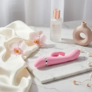 Vibromasseur rabbit en silicone avec sa double branche posé sur un tissu clair