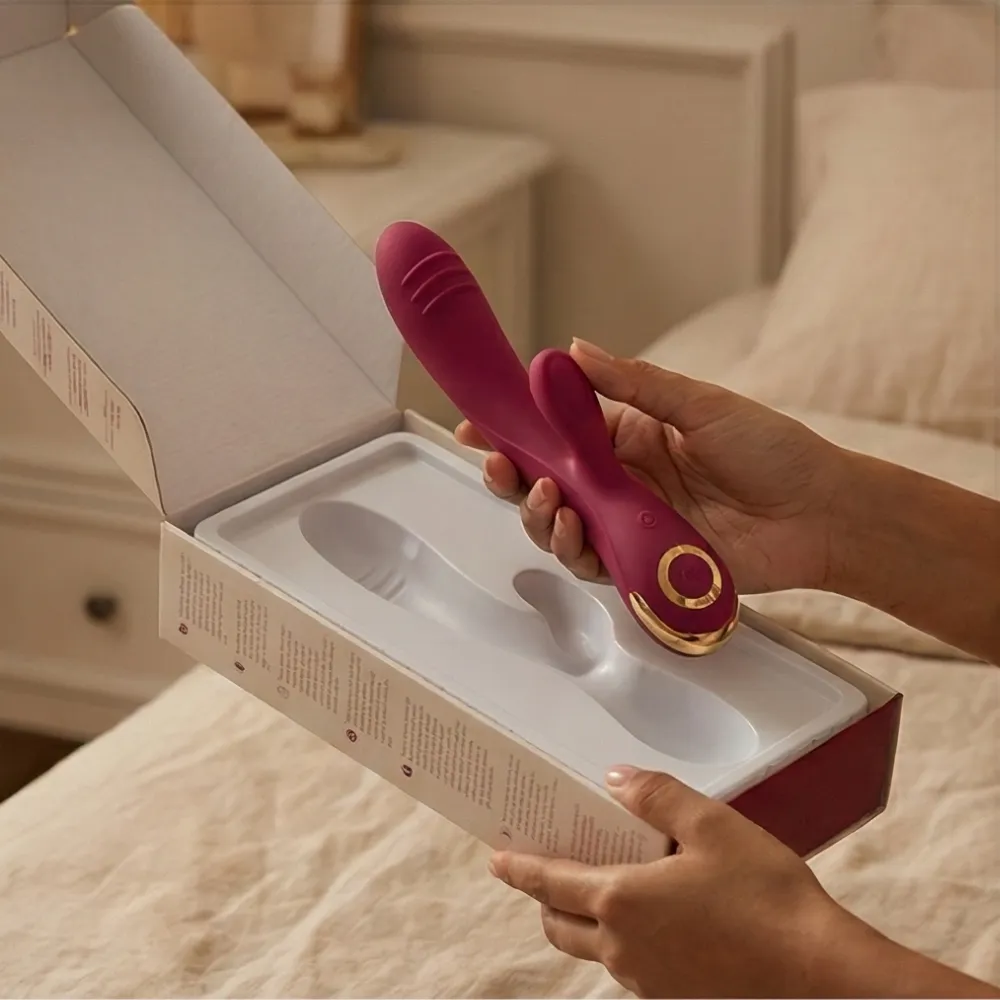 Mains ouvrant un coffret contenant un vibromasseur bordeaux