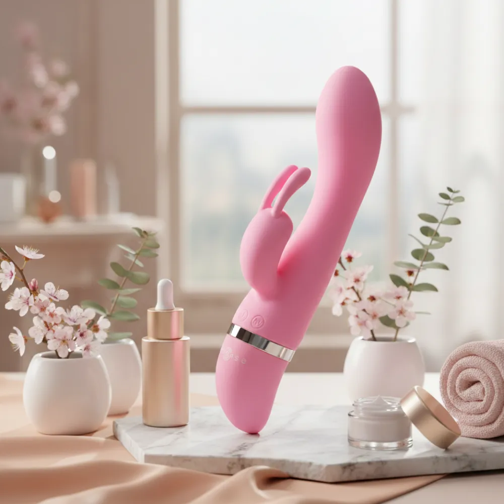 Vibromasseur rabbit rose dans une salle de bain lumineuse