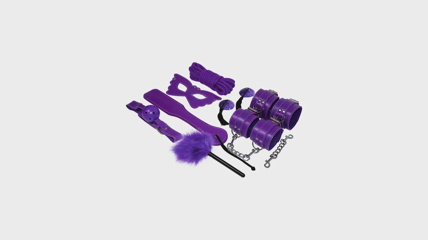 Coffret fétiche BDSM Experience en simili cuir lilas : menottes, entraves de chevilles, bâillon, masque, tapette, corde et plumeau