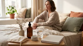 Aphrodisiaque pour femme : flacon, baume et pochon posés près d une femme détendue sur son lit