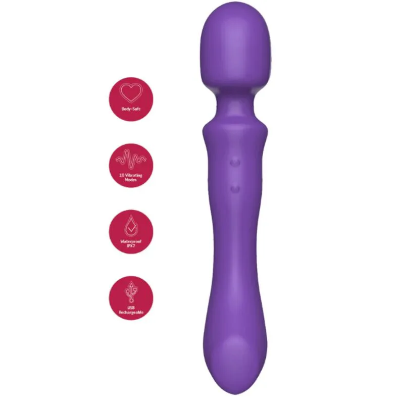 Bâtonnet de massage violet à deux extrémités vibrantes, tête arrondie et embout effilé, sur fond blanc