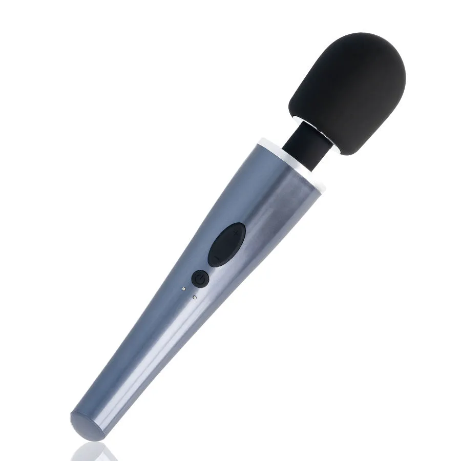 Baguette de massage Dexter, grosse tête noire en silicone sur manche métallisé gris bleuté, sur fond blanc