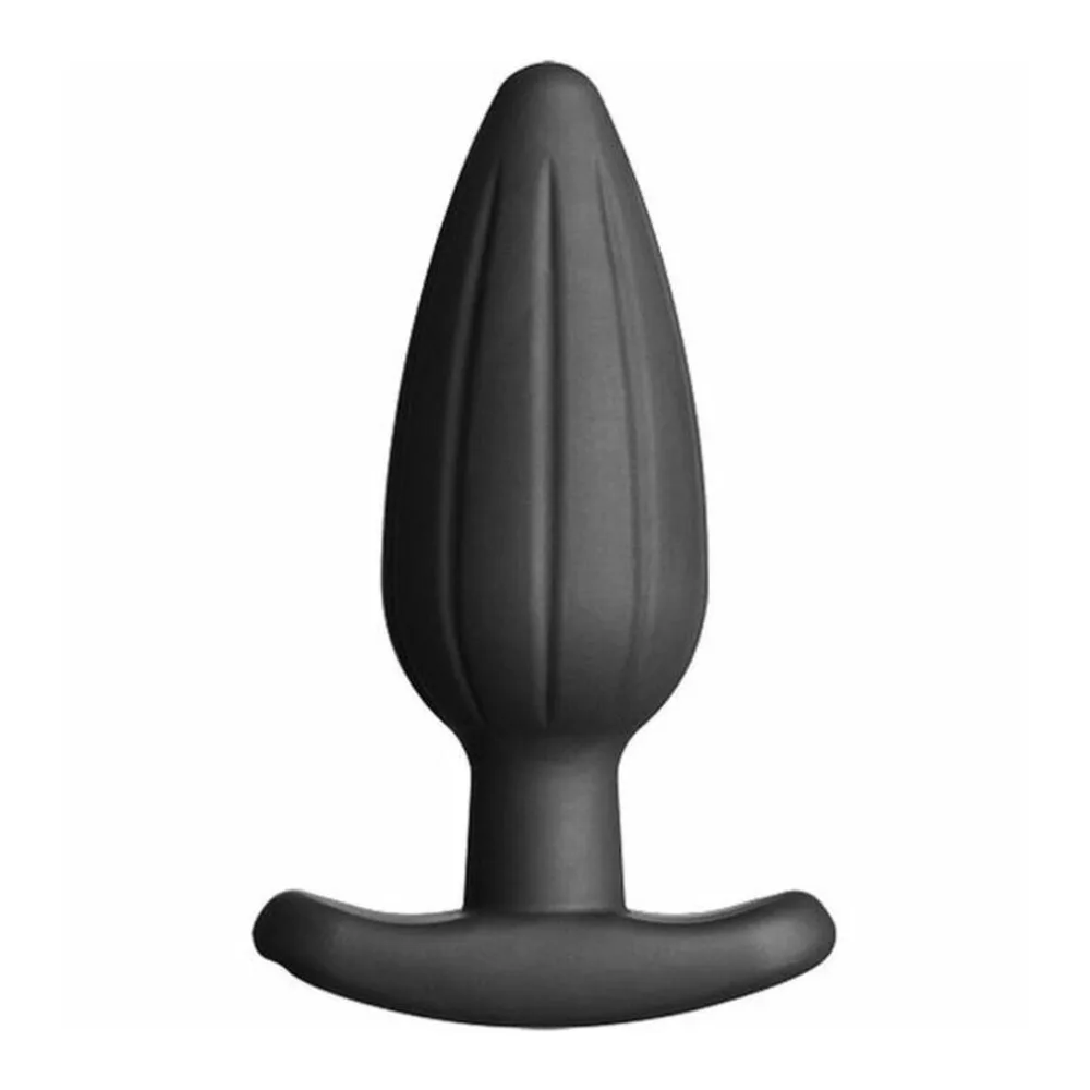 Plug anal en silicone noir avec corps ovoïde cannelé et base incurvée aplatie, vue de face sur fond blanc