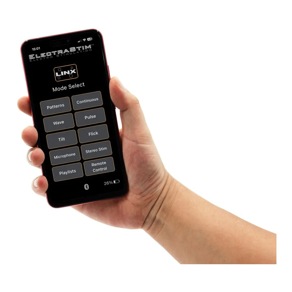 Smartphone affichant l'interface de contrôle Linx avec boutons pour sélectionner les modes : Patterns, Continuous, Wave, Pulse, Tilt, Flick, Microphone, Stereo Stim, Playlists et Remote Control, tenu dans une main sur fond blanc