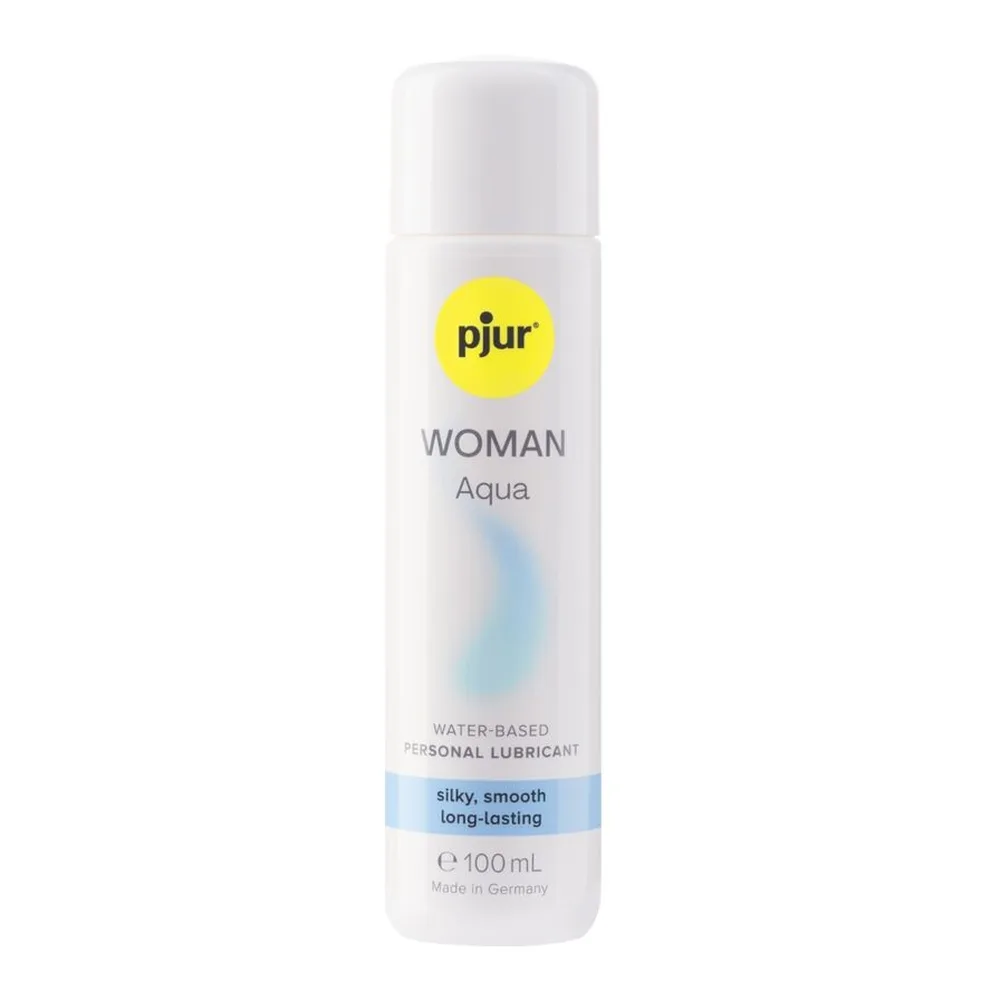 Flacon blanc de lubrifiant Woman Aqua pjur de 100 ml à base d'eau, avec étiquette blanche et logo jaune, sur fond blanc