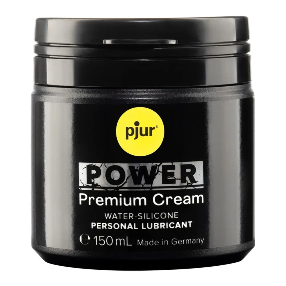 Pot noir de lubrifiant crème Power de pjur, 150 ml, avec étiquette noire et logo jaune, bouchon noir brillant
